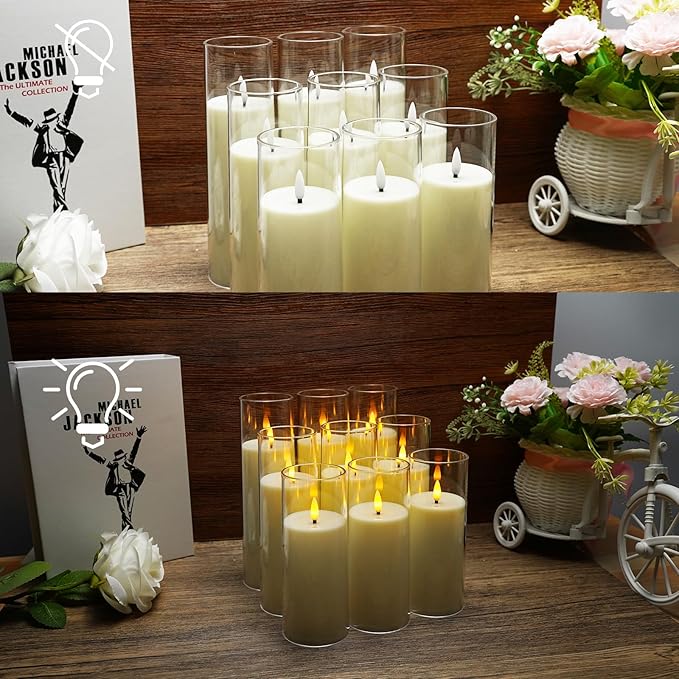 Flickering Flameless Candles Battery Operated with Remote and 2/4/6/8 H Timer Plexiglass Led Pillar Candles Pack of 9(D2.3 xH5.5 6.5" 7.5") with Realistic 3D Wick Candles for Home Decor(Ivory)