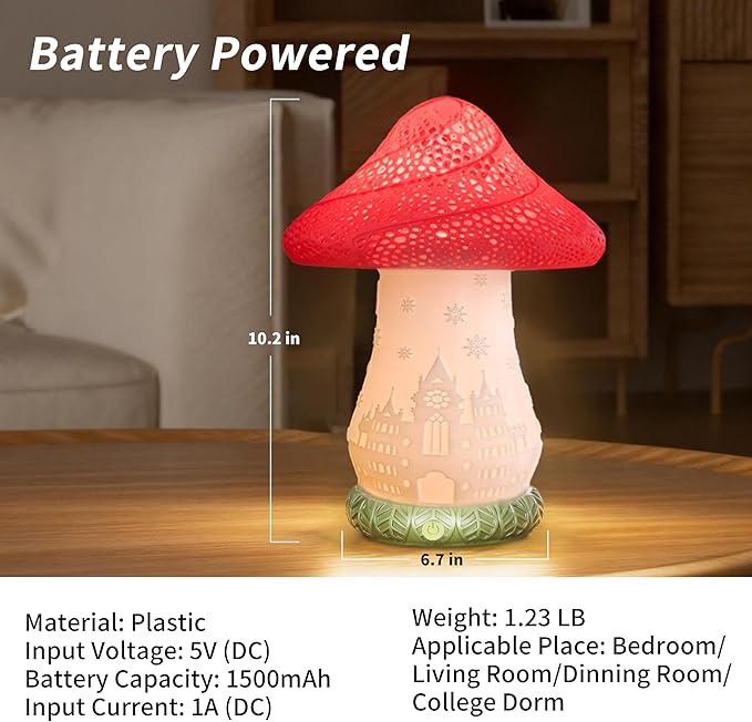 Cordless Mushroom Lamp - Rechargeable Touch Lamp for Nightstand, 3 Color Temperature Bedside Lamp with Rotating Castle Shade, Battery Operated Small Lamp for Bedroom, Nursery, Kids Room