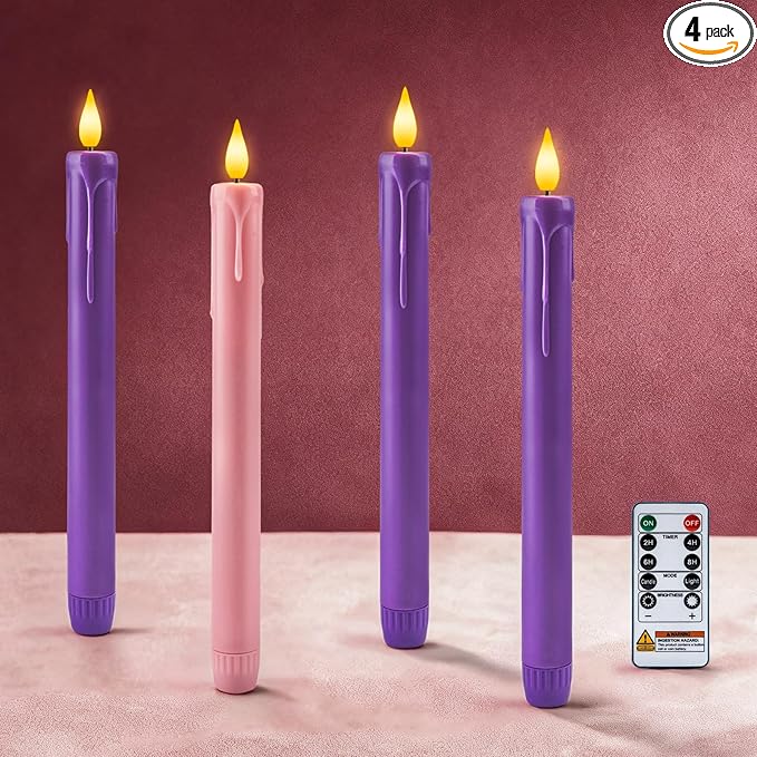 Homemory Flameless Advent Candles, Set of 4, Battery-Operated Flickering LED Candlesticks, Flameless Taper Candles with Remote Timer - 3 Purple, 1 Pink for Christmas Wreath