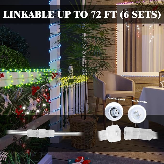 RGB Strip Lights with IR Remote Control, 12FT RGB LED Outdoor Rope Lights, Waterproof Neon LED Lights Hoilday Preset 500+ Colors for Bedroom Living Room Patio Christmas Decor (12ft)