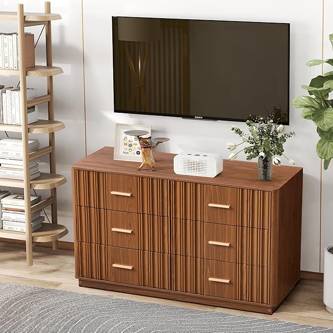 Fluted Double Dresser for Bedroom with 6 Drawers, 47" Wide Modern Chest of Drawers, Curved Profile Wood Storage Dressers TV Stand,Wooden Closet Clothes Storage Organizer for Living Room Hallway,Walnut