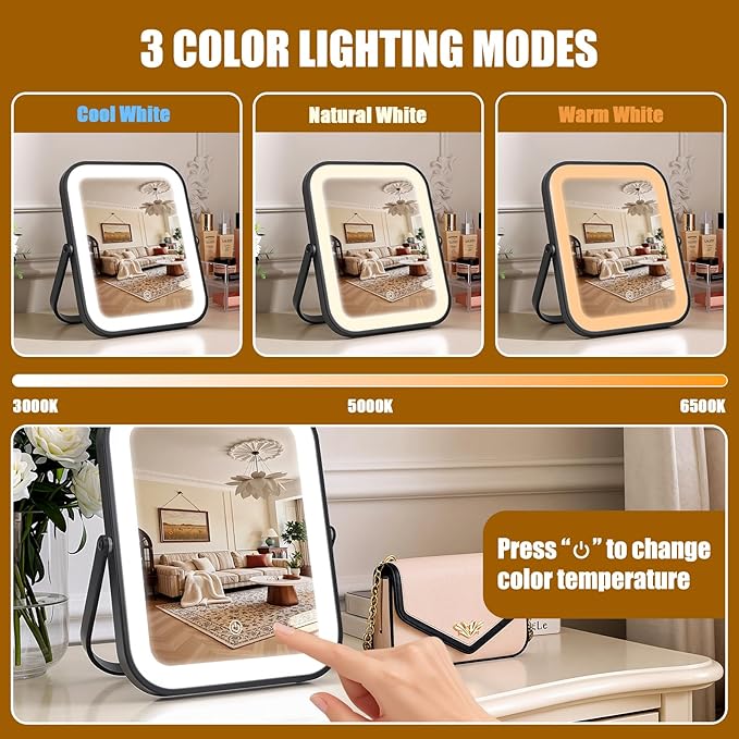 Rechargeable Vanity Mirror with Lights, 10"×8" Makeup Mirror with Lights, 1500mAH Battery, Smart Touch with 3-Color Lighting, Dimmable, HD Desk Mirror, Women Gift, Travel Essentials (Black)