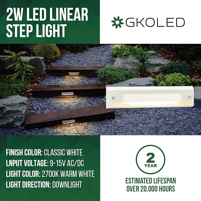 GKOLED 6-Pack Low Voltage 12V AC/DC LED Linear Step Lights, 2W Landscape Lighting, Outdoor Waterproof Accent Lighting Fixtures, Die-cast Aluminum with Classic White Powder Coated Finish