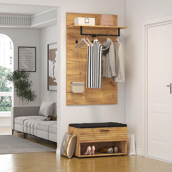Coat Rack with Storage Bench and Hooks - Modern Entryway Organizer with 3-Tier Shoe Cabinet & Wall-Mounted Coat Hanger, Space-Saving Entry Hall Furniture for Coats, Shoes, Bags (71.21 lbs)