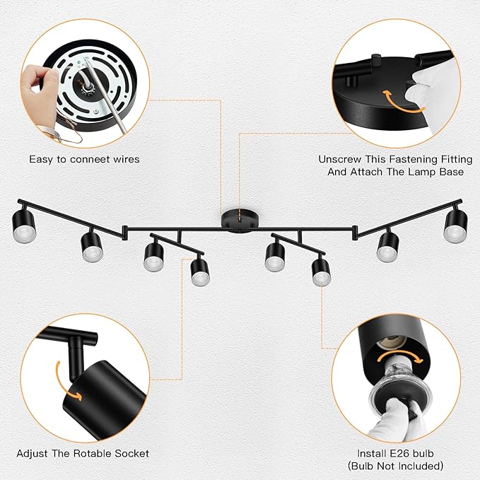 BoostArea LED 8 Light Track Lighting Kit, Black 8 Way Ceiling Spot Lighting, Flexibly Rotatable Light Head for Kitchen, Living Room, Bedroom, GU10 Bulb Not Included
