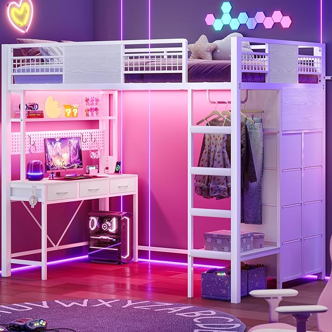 ADORNEVE Twin Size Loft Bed with Desk, 11 Storage Drawers & RGB LED Lights, Metal Loft Bed with Power Outlet, Shelves & Clothing Rack, 13.4" H Safety Guard & Paded Ladder, White