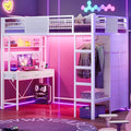 ADORNEVE Twin Size Loft Bed with Desk, 11 Storage Drawers & RGB LED Lights, Metal Loft Bed with Power Outlet, Shelves & Clothing Rack, 13.4" H Safety Guard & Paded Ladder, White