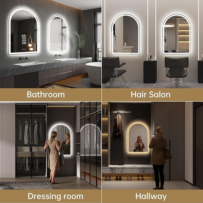 Arched Bathroom Mirror with Lights 28"x40"- Frameless LED Mirror for Bathroom, Fogless, Dimmable, 3 Color Changing, Shatterproof, Touch Sensor