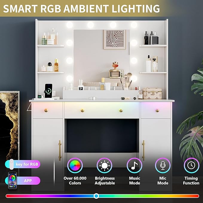 Vanity Desk with Mirror and Lights, 43'' Makeup Dressing Table Set with 5 Drawers & Power Outlet, 3 Lighting Modes Brightness Adjustable, Vanity with RGB Ambient Light for Women Girls Bedroom, White