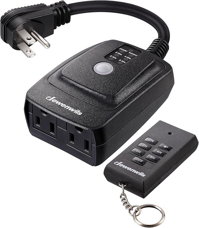 DEWENWILS Outdoor Timer Outlet Waterproof, Outdoor Timer for Lights, 100 ft Remote Control with 2 Grounded Electrical Outlets for Outdoor String Lights, 15A 1/2HP UL Listed