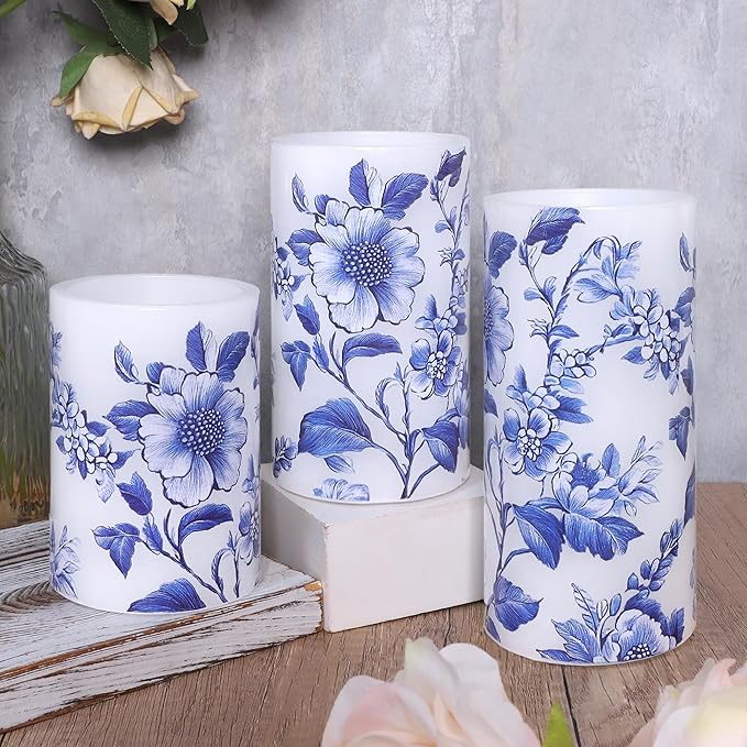 Crystal Club Chinoiserie Decor Flameless Candles Blue and White Porcelain Floral Battery Operated LED Pillar Candles with Remote & Timer Real Wax Candles Floral Decor for Home Wedding Centerpiece