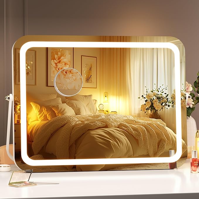 Hasipu Vanity Mirror with Lights, 15" x 11" LED Makeup Mirror, 3 Modes Light, Smart Touch Control Dimmable, 360°Rotation, Rectangle White Frame, with 5X Magnifying Glass