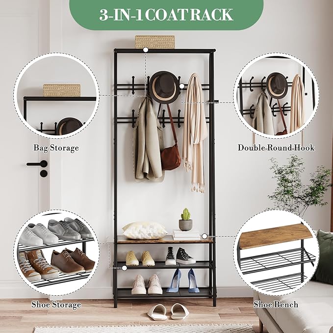 25" Coat Rack Hall Tree Shoe Rack Bench with Hooks, 4-Tier Shelf Entryway Coat Hanger Stand with Storage, Freestanding Metal Frame Multifunctional Hallway Organizer, Accent Furniture for Bathroom