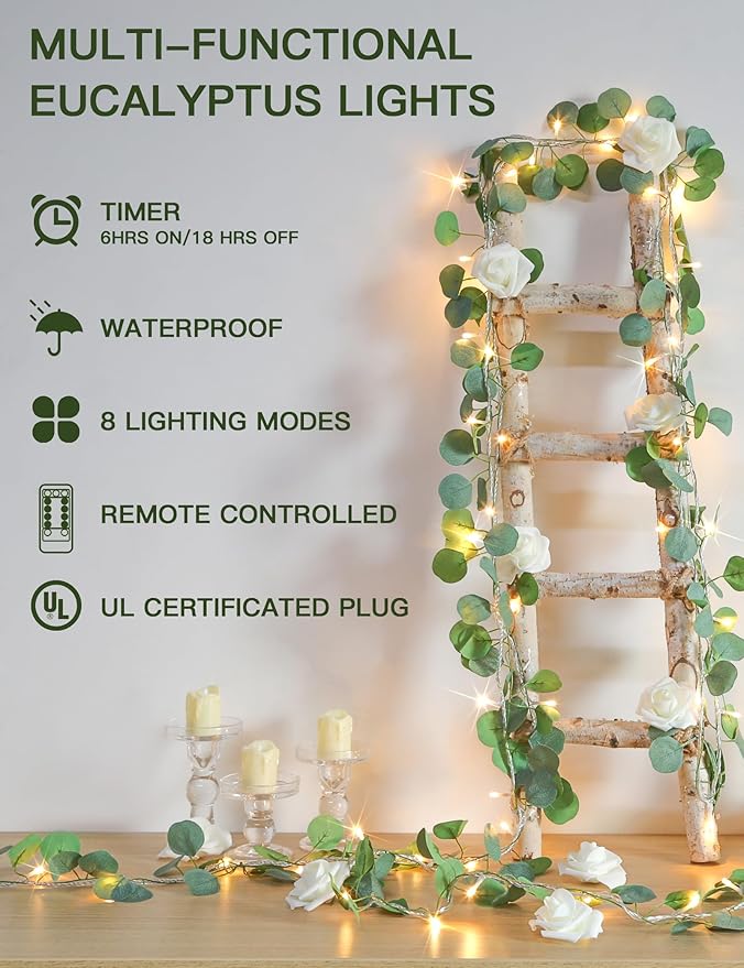 suddus Vines with Lights Plug in, 33ft 100 LED Eucalyptus Garland String Light Connectable with Remote, Leaf Lights for Bedroom, Room, Wall, Garden, Party, Wedding Dorm Decor (Warm White)