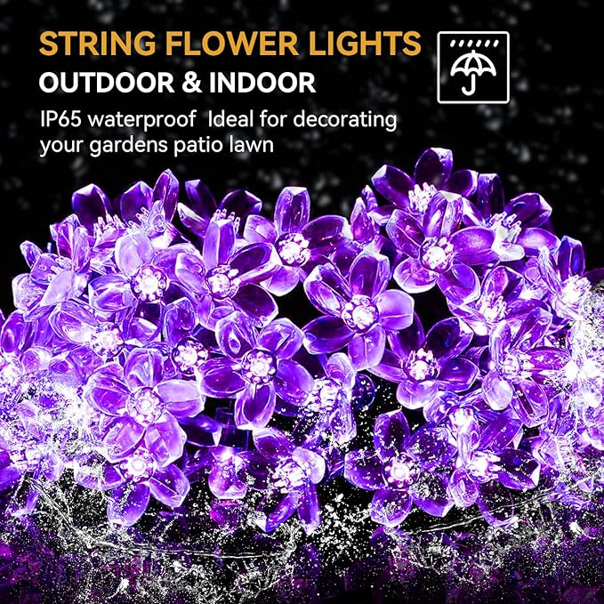 ITICdecor Outdoor Solar Flower String Lights Waterproof 50 LED Fairy Light Decorations for Christmas Tree Garden Patio Fence Yard Spring (Purple)