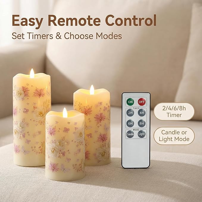 Eywamage Fiber Optic Flameless Pillar Candles with Remote, Floral Butterfly Spring LED Candles Flickering Easter Home Decor Set of 3