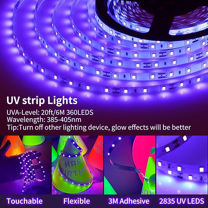 Black Light Strip, 20ft/6M Flexible LED Black Light with kit, 360 lamp Beads, 12V LED Light, Non-Waterproof for Indoor Fluorescent Dance Party, Stage, Birthday, Wedding, Dark Party