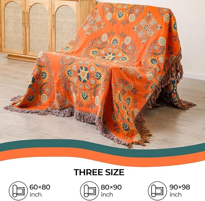 King Throw Blanket for Bed Couch,100% Organic Cotton Reversible Soft Quilt, Orange Floral Breathable Lightweight Blankets,90"×108" Extra Large Sofa Throws for 3 4 Seater with Tassels,Teal
