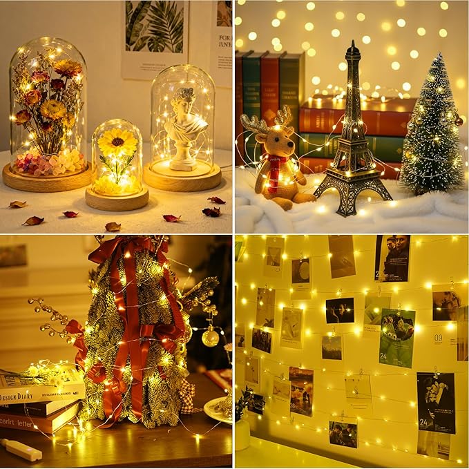 Fairy Lights Battery Operated, Rechargeable String Lights with Timer, Mini Waterproof LED Twinkle Lights for Bedroom, Christmas Decorations, Wedding Party Decor (Warm White, 5M/16FT)
