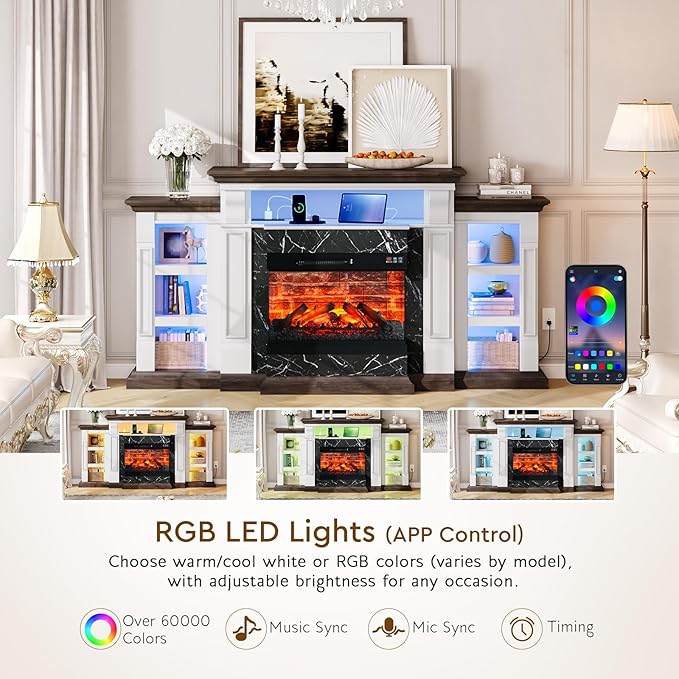 LGHM LED Electric Fireplace TV Stand with Outlet, 72'' Fireplace Mantel for TVs up to 80'', Modern Entertainment Center with 3-Sided Glass Fireplace Heater Insert for Living Room