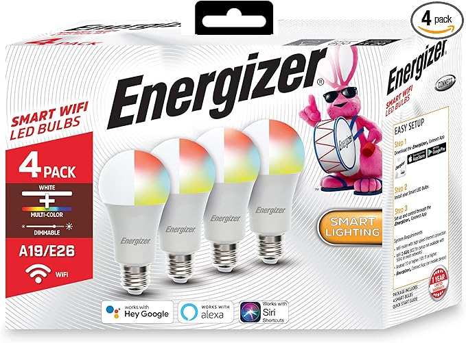 XTREME Energizer Connect Smart A19 LED White & Multi-Color RGB Light Bulb with Voice Control and Remote Access Through Your Smartphone | Compatible with Alexa and Google Assistant, 4 Pack