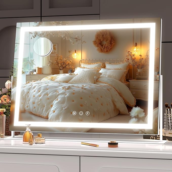 Hasipu Vanity Mirror with Lights, 17.7" x 12.6" LED Makeup Mirror, Light up Mirror with 10X Magnification, Smart Touch 3 Colors Dimmable, 360° Rotation (White)