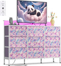 WLIVE Dresser TV Stand for 45, 50, 55 inch TV, Entertainment Center with LED Lights & Charging Station, Chest of Drawers with 9 Fabric Drawers and Open Shelves for Living Room, Tie-dye Purple Print