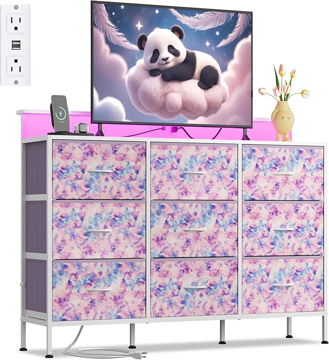 WLIVE Dresser TV Stand for 45, 50, 55 inch TV, Entertainment Center with LED Lights & Charging Station, Chest of Drawers with 9 Fabric Drawers and Open Shelves for Living Room, Tie-dye Purple Print