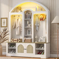 Merax 59" Multi-Functional Hall Tree with Shoe Racks, Curved Style Scandinavian Entryway Organizer with Hangers, Hooks & Shelves for Mudroom, Living Room, White+Walnut