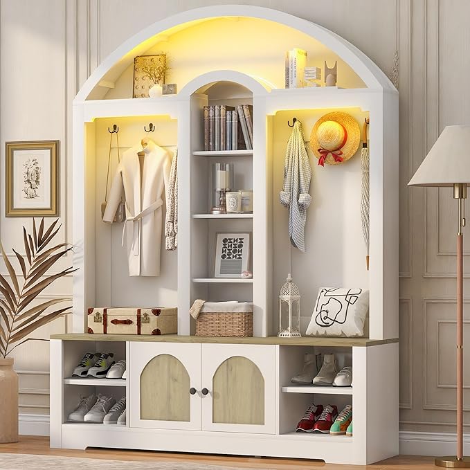 Merax 59" Multi-Functional Hall Tree with Shoe Racks, Curved Style Scandinavian Entryway Organizer with Hangers, Hooks & Shelves for Mudroom, Living Room, White+Walnut