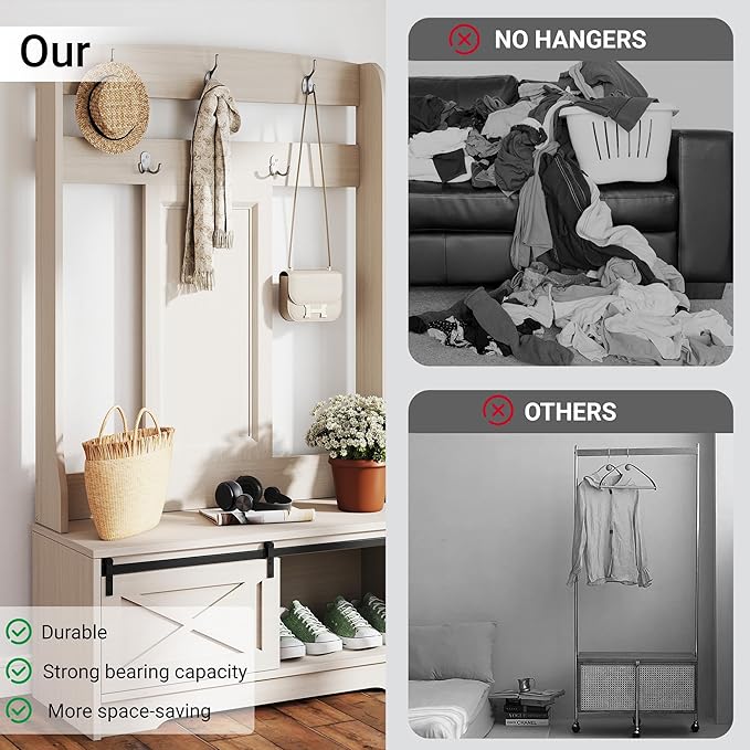 65" Farmhouse Hall Tree with Bench - 3-in-1 Entryway Organizer: Shoe Rack, Coat Hooks & Storage Shelves for Mudroom, Hallway (Rustic White)