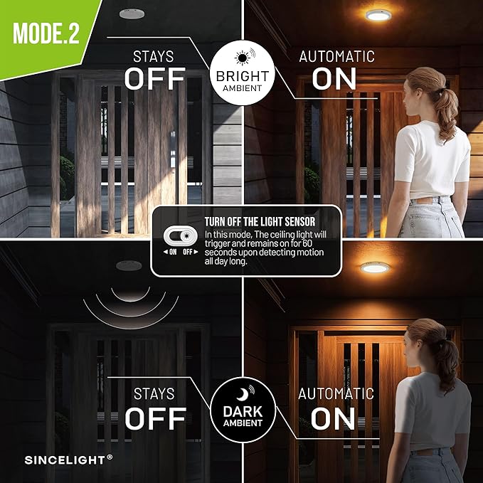 SINCELIGHT PIR Motion Sensor 18W LED Ceiling Light (Φ9''/220mm), Automatically ON/Off, Movement Activated, Dual Mode Turnable, Warm White 2700K, Surface/Flush Mount for Hallway,Porch, Pack of 1