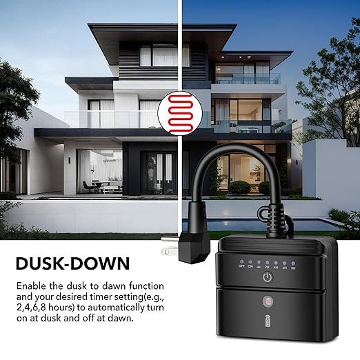 BN-LINK Outdoor Timer Outlet, Dusk-to-Dawn & Remote Control (100ft) - Waterproof 3-Grounded Outlets, 15A ETL Listed for Outdoor String Lights & Appliances