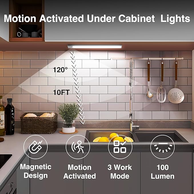 Under Cabinet Lighting Wireless, Under Cabinet Lights, 4 Pack Rechargeable Motion Sensor Light Indoor, 3 Color Temps, 5 Levels Dimmable Magnetic Closet Lights, Under Counter Lights for Kitchen, Stairs