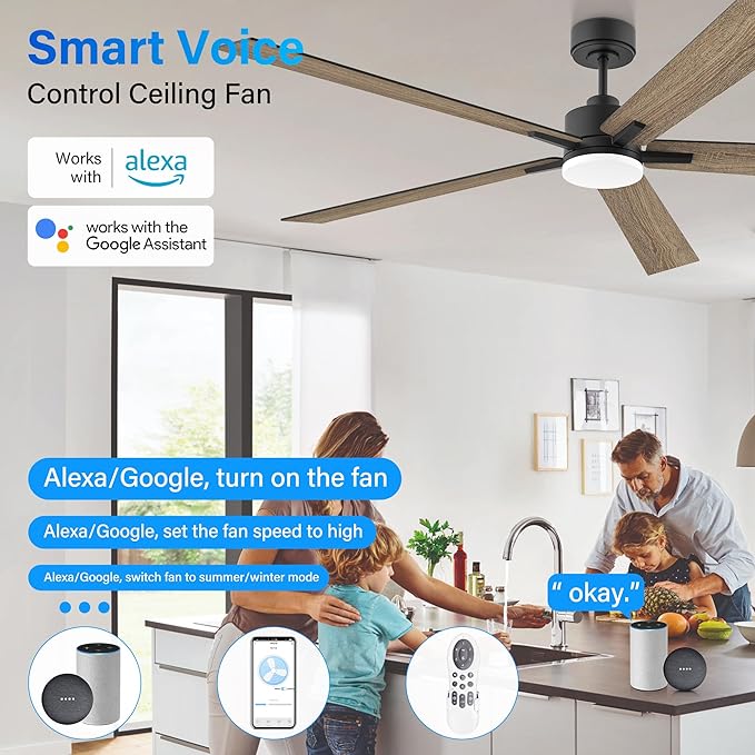 72” Large Smart Ceiling Fan with Lights Remote,Silent DC Motor,Control via WIFI Alexa Google App,Outdoor Indoor Modern Ceiling Fans for Living Room Kitchen Patio,Dimmable,5 Blades in Black&Walnut