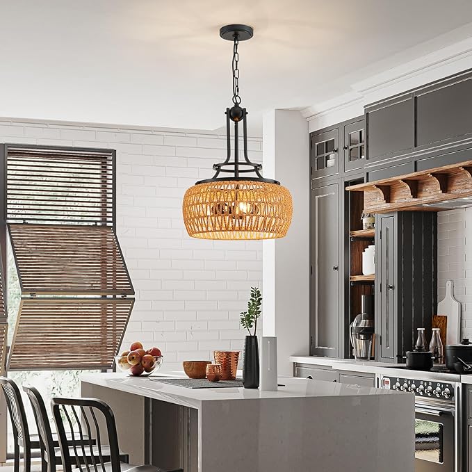 WUZUPS Rattan Boho Chandelier Rustic Farmhouse Industrial Round Coastal Hanging Pendant Light Fixture Wicker Lampshade for Dining Room Kitchen Island Foyer Entryway, H 19.6" x W 15.9", Black
