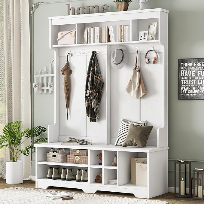 Modern Hall Tree with Metal Hooks and Storage Space, Wood Multi-Functional Entryway Coat Rack with Shoe Cubbies for Hallway Living Room Bedroom (White/r11)