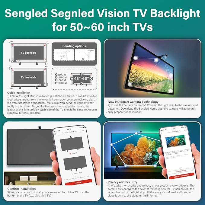 Sengled Ambient TV LED Backlights with Camera, Smart Strip Light for 50-60 inch TVs PC, (TV Sync Supports Off-line) WiFi RGB Lights, Works with Alexa & Google Assistant, App Control, Sengled Vision G2