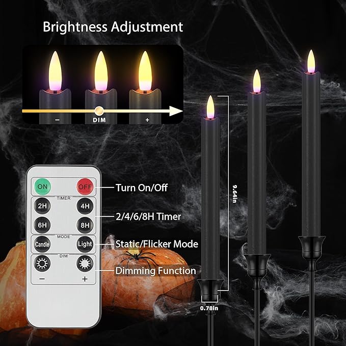 SHENSY Black Flameless Taper Candles, Set of 3 – 9.64" LED Candlesticks with 3D Flickering Flame, Real Wax Battery Candles with Remote and Timer – Elegant Halloween Window and Table Decor