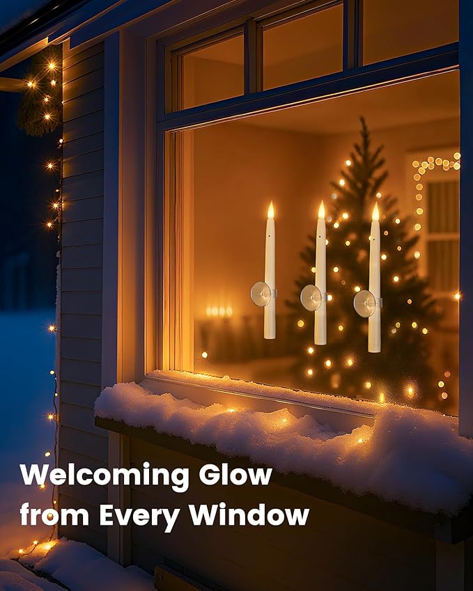 SURAIELEC 10.5'' Battery Window Candles with Suction Cups, Dusk-to-Dawn Window Candles, 3000K Warm White, Flameless LED Candle for Indoor Xmas Windows, 6 Pack (Rechargeable Battery Not Compatible)