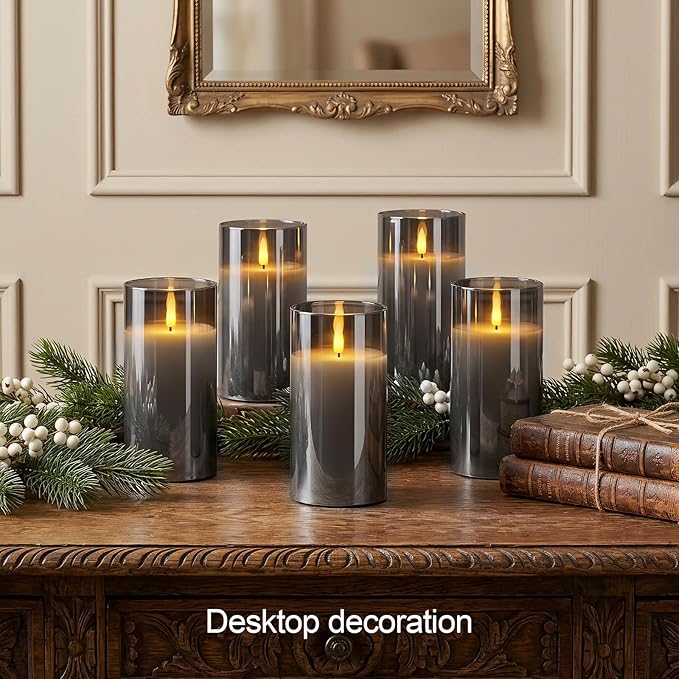 5plots Flameless Battery Operated Candles Set of 2, Gray LED Candles with Remote Timer, Real Wax Glass Pillar Candles Warm Flickering Light for Indoor Home, Halloween, Christmas Decor D3 x H6 6"