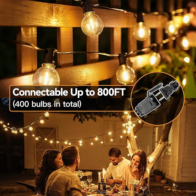 Outdoor String Lights with Remote Dimmer, 50 + 3 Spare G40 LED Bulbs Plug in Connectable Patio Lights, Waterproof Hanging Lights for Backyard Camping Balcony Yard Deck Party(100FT)