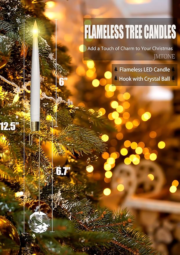 Christmas Tree Candles, 12 Pack Flameless Taper Candles for Christmas Tree Decor, Battery Operated with Remote Flickering LED Candles with Clear Crystal Ball Gold Hook for Xmas Gift Wedding Home Decor