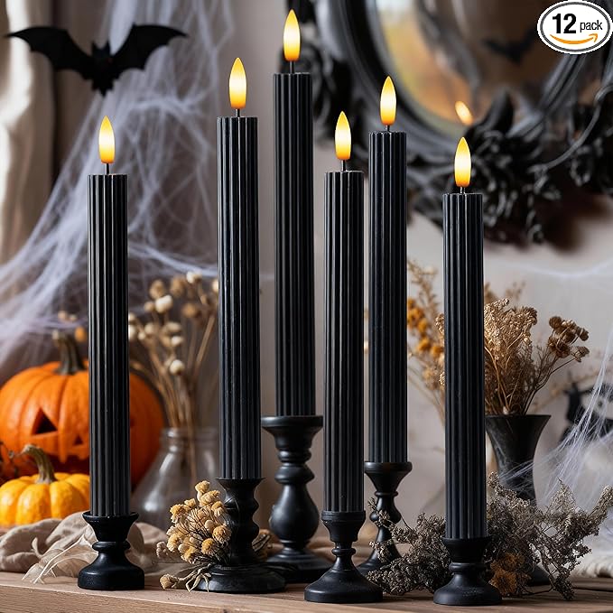 12 Pack, 10" LED Flameless Black Fluted Ribbed Grooved Taper Candles, Remote & 24h Timer Memory, On/Off Button, Dimmable, Flicker Mode, Battery Operated, Christmas Menorah Wedding