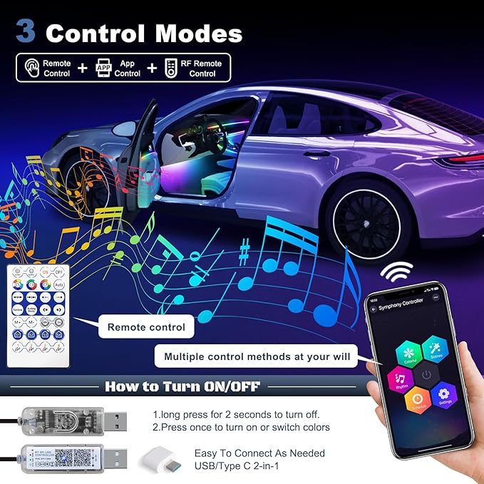 Acrylic Interior Car LED Strip Light with USB/Type C, Dreamcolor 10 in 1 with 187 inches 650 LEDs Ambient Lighting Kits, Sound Active Function Neon Accessories