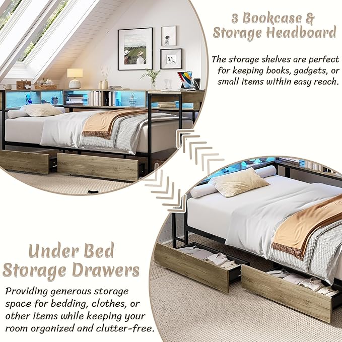 Full Corner Bed Frame with Desk and Storage Bookcase, L- Shaped Daybed with 2 Drawers, LED Lights & 2 Charging Station, Modern Metal Full Size Platform Bed for Kids/Teen Bedroom, Brown