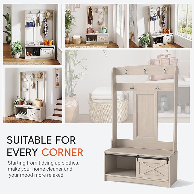 65" Farmhouse Hall Tree with Bench - 3-in-1 Entryway Organizer: Shoe Rack, Coat Hooks & Storage Shelves for Mudroom, Hallway (Rustic White)