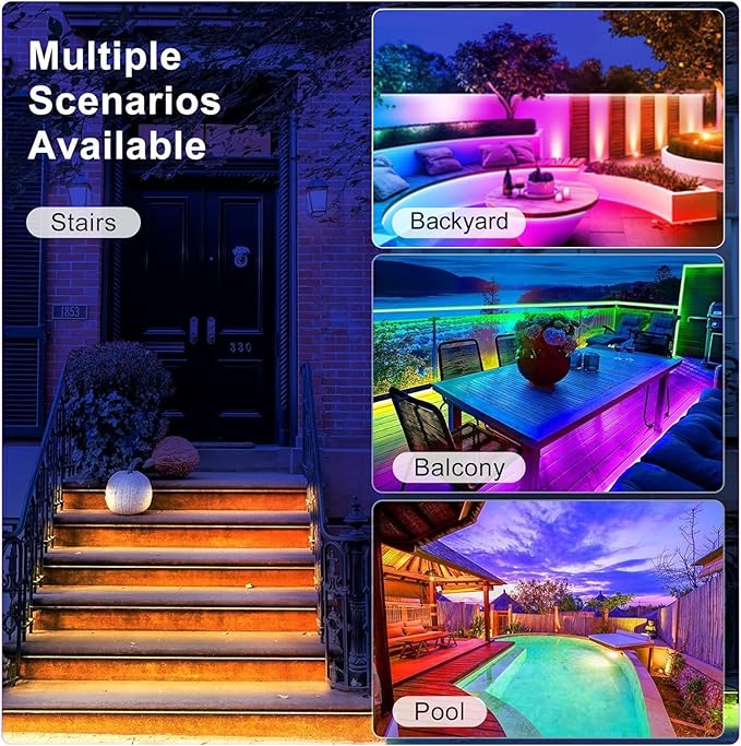 50ft RGB Outdoor Led Strip Lights Waterproof, Solar Led Strip Lights Outdoor with Self-Adhesive, Auto On/Off 16 Colors and 4 Modes with Remote Timer Great for Patio, Pathway Decor