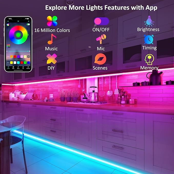 maylit 8 PCS Motion Sensor RGB Under Cabinet Lights Kit, App and Remote Control Led Strip Lights, Music Sync Color Changing Led Lights with Power Adapter, for Cabinet, Counter, Shelf, Bookcase, 13ft
