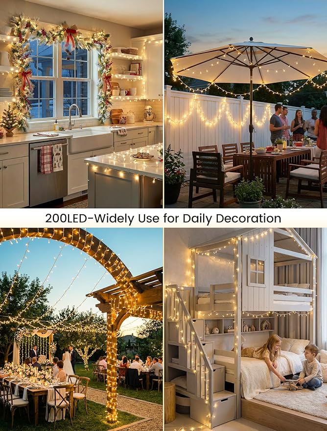 String Lights Indoor Bedroom,98FT 200 LED Fairy String Lights Outdoor Waterproof, Memory Twinkle Christmas Light Plug in for Classroom Dorm Patio Tree Garden Decor(Warm White with Remote)
